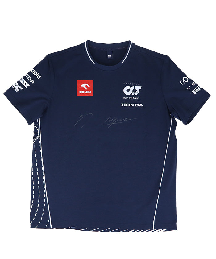 アルファタウリ ホンダ ハーフジップ シャツ レーシングシャツ 紺 Ｓ レア 角田裕毅＆デ・フリース 直筆サイン入り アルファタウリ ホンダ チーム