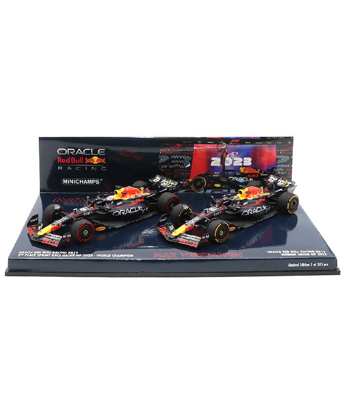 ミニチャンプス 1/43スケール オラクル レッドブル レーシング ホンダ RB19 マックス・フェルスタッペン 2023年 カタールGP 優勝 & スプリントレース ドライバーズチャンピオン 2台セット/ARB/23f1m拡大画像