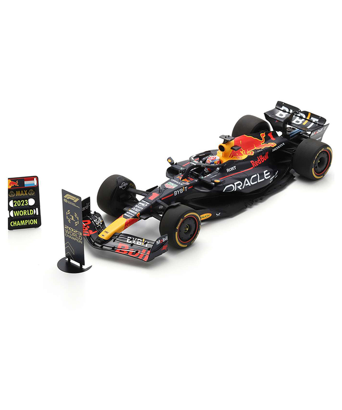 スパーク 1/18スケール オラクル レッドブル レーシング ホンダ RB19 マックス・フェルスタッペン 2023年 カタールGP 優勝 with ピットボード＆チャンピオンボード  ドライバーズチャンピオン/ARB/23f1m拡大画像